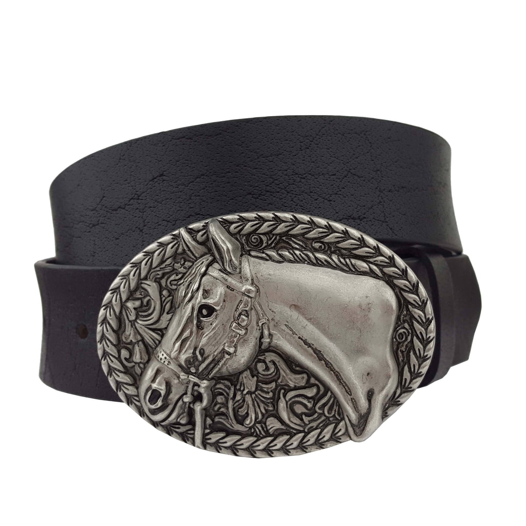 Leather Belt with Racing Horse Buckle