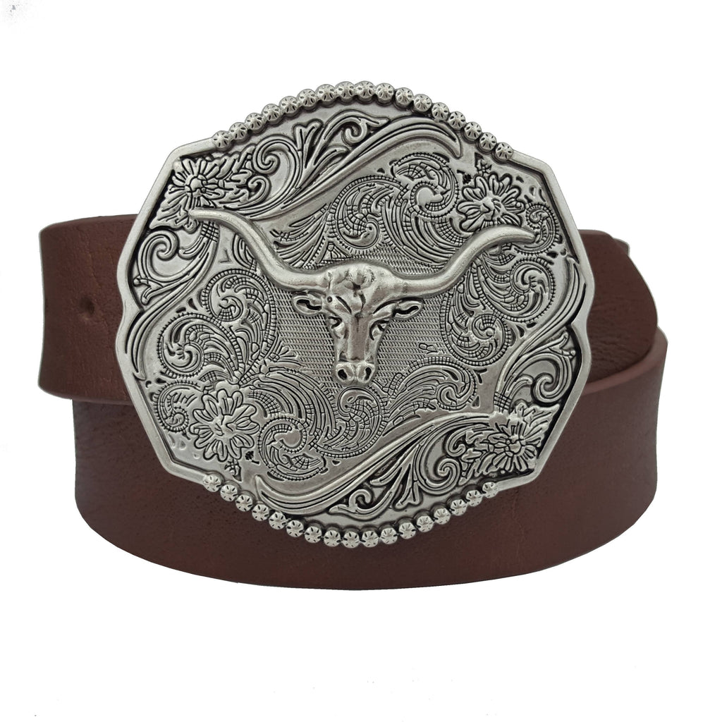 Leather belt with Silver Long Horn Buckle