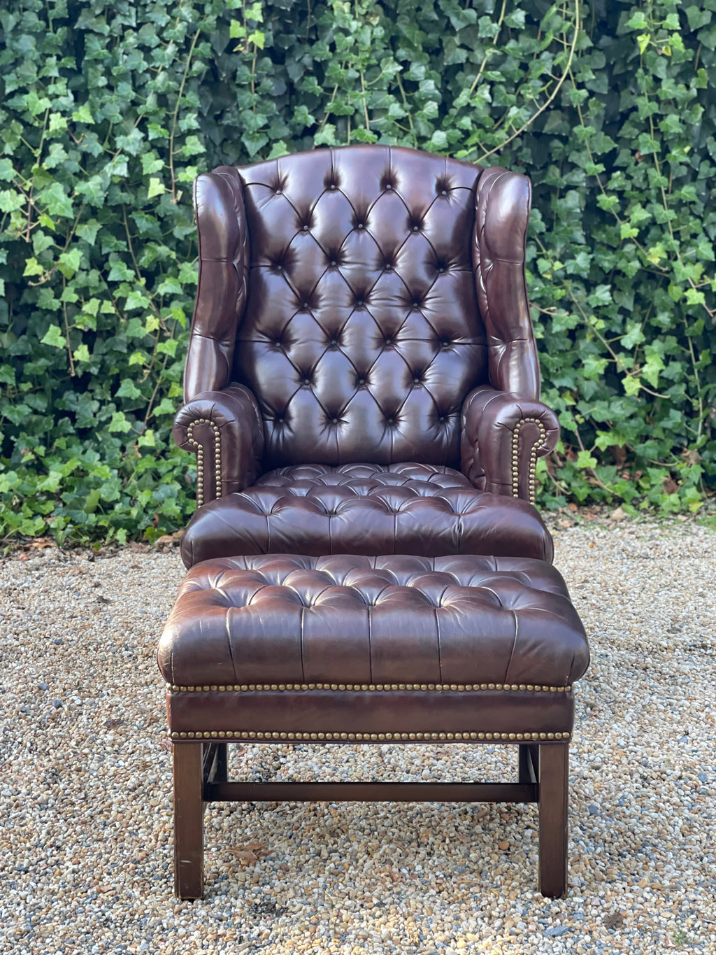 Brown Leather Chesterfield Wingback and Ottoman Set